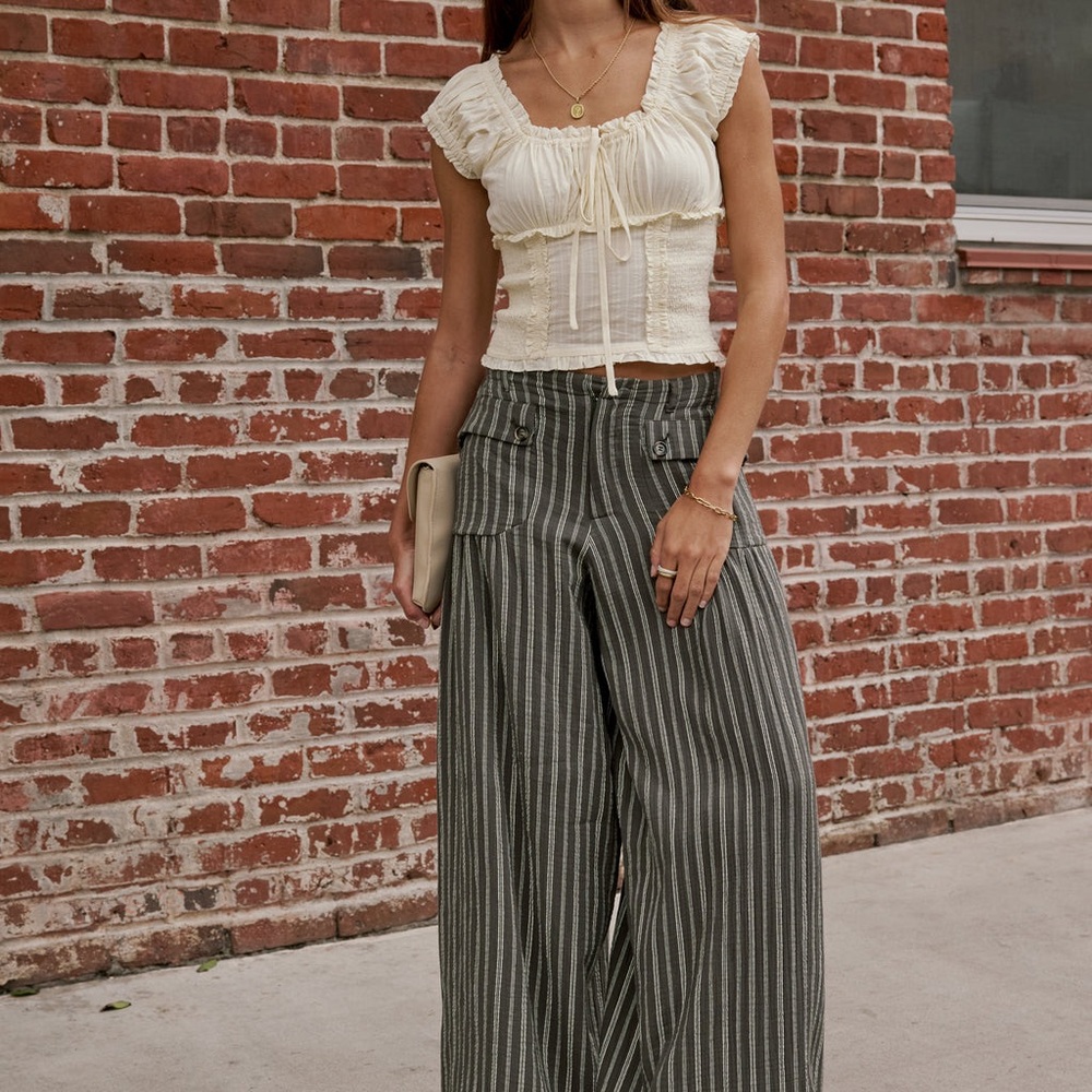 Bohme Mayson Wide Leg Olive Green Striped Linen Pants